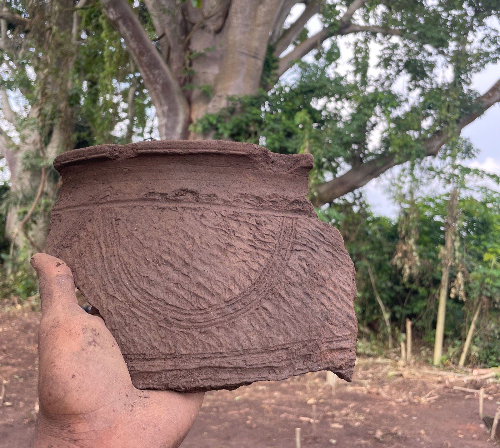 Decorated potsherd held in hand during fieldwork.