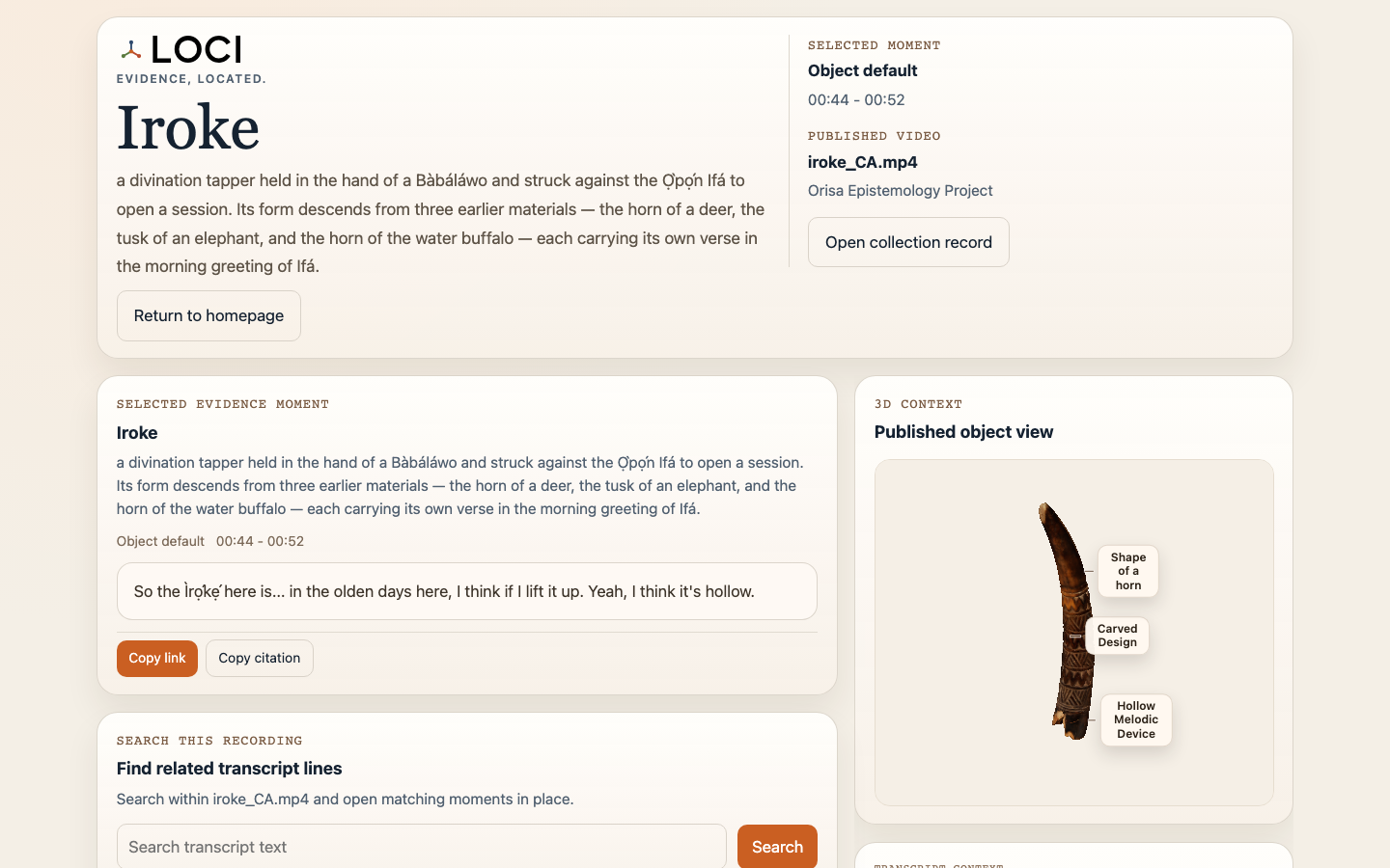 Loci evidence page for an Iroke object interpretation.