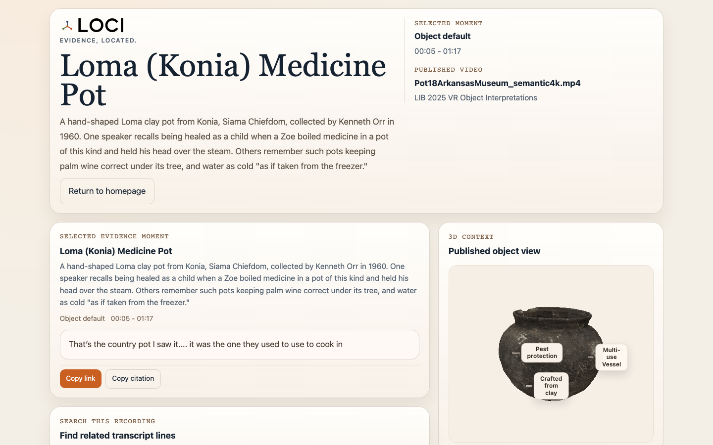Loci evidence page for the Loma Konia medicine pot.